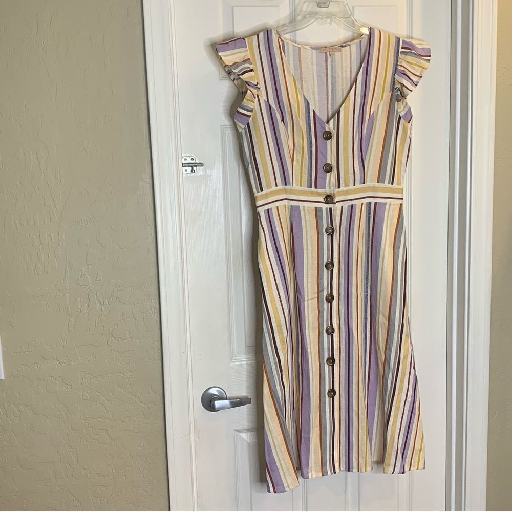 Evolutionary Linen Dress Striped Ruffle Size Large - Picture 3 of 10